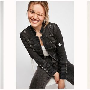 Free People Fitted Military Black Denim Jacket Medium